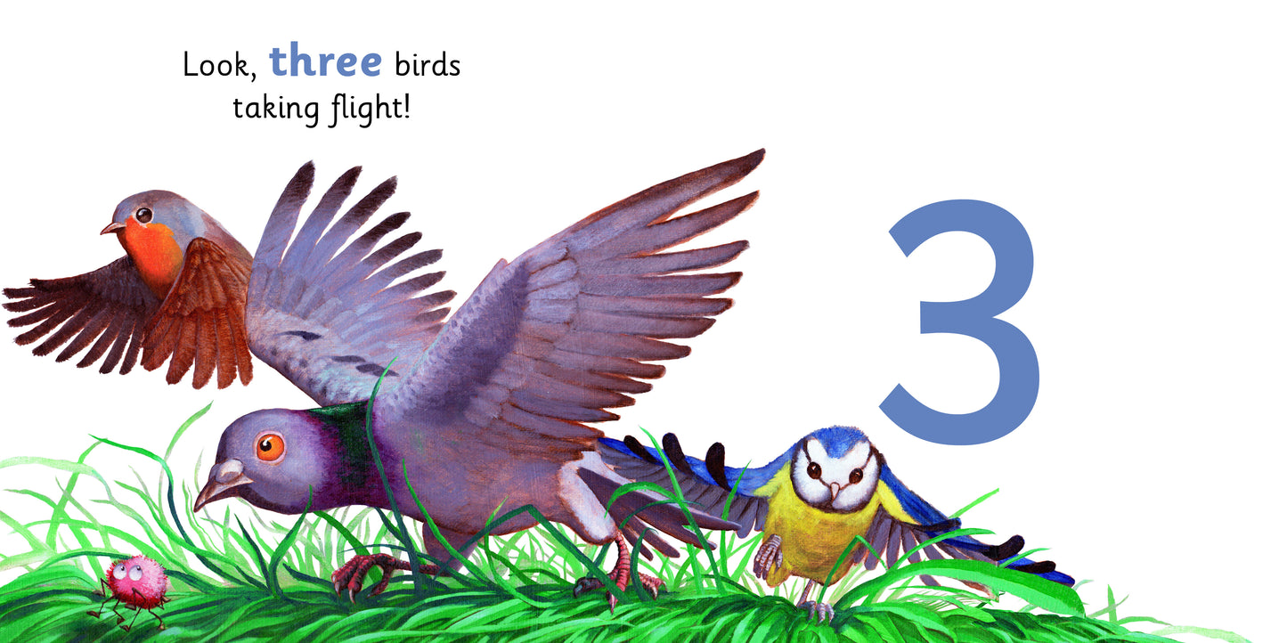 Illustration of three birds taking flight with the number 3 on a white background