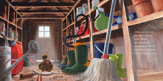 Children's picture book illustration of a tortoise in a shed