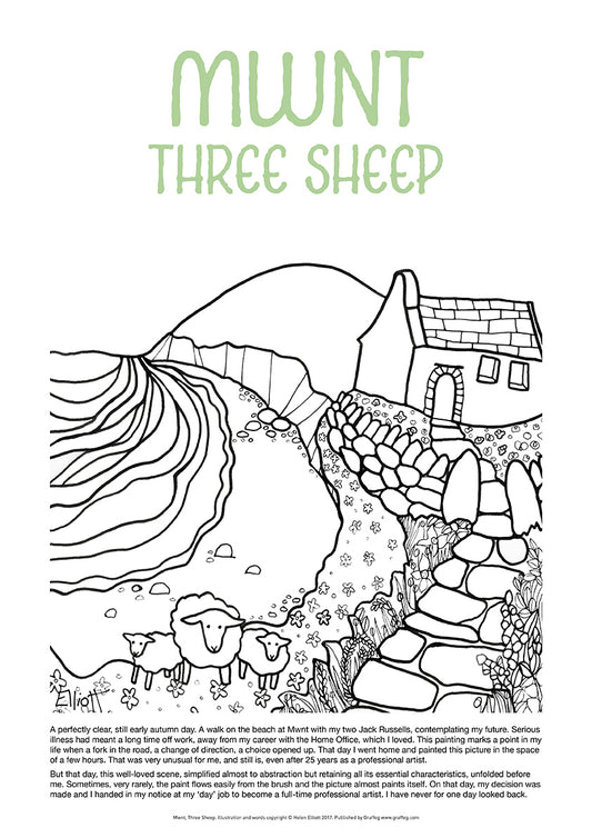 Mwnt Three Sheep - Helen Elliott Colouring Poster