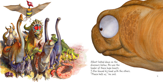 Children's picture book illustration featuring dinosaurs and colourful artwork