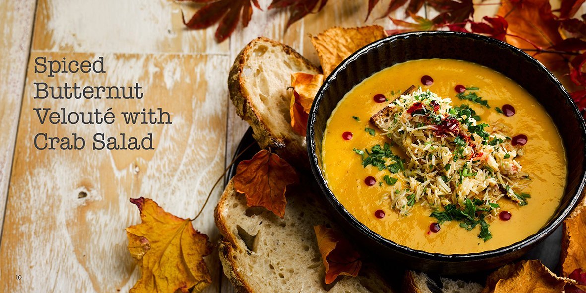 Autumn Recipes by Angela Gray Huw Jones published by Graffeg Angela Gray's Cookery School spiced butternut veloute with crab salad