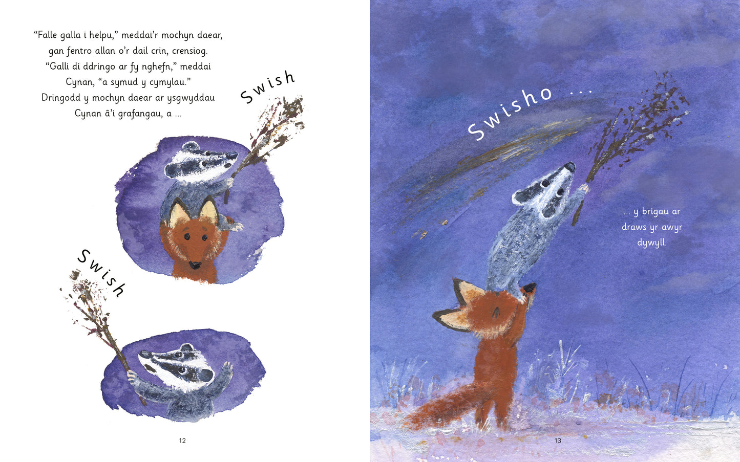 Cynan a'r Ser Fletcher and the Stars Welsh picture book spread published by Graffeg