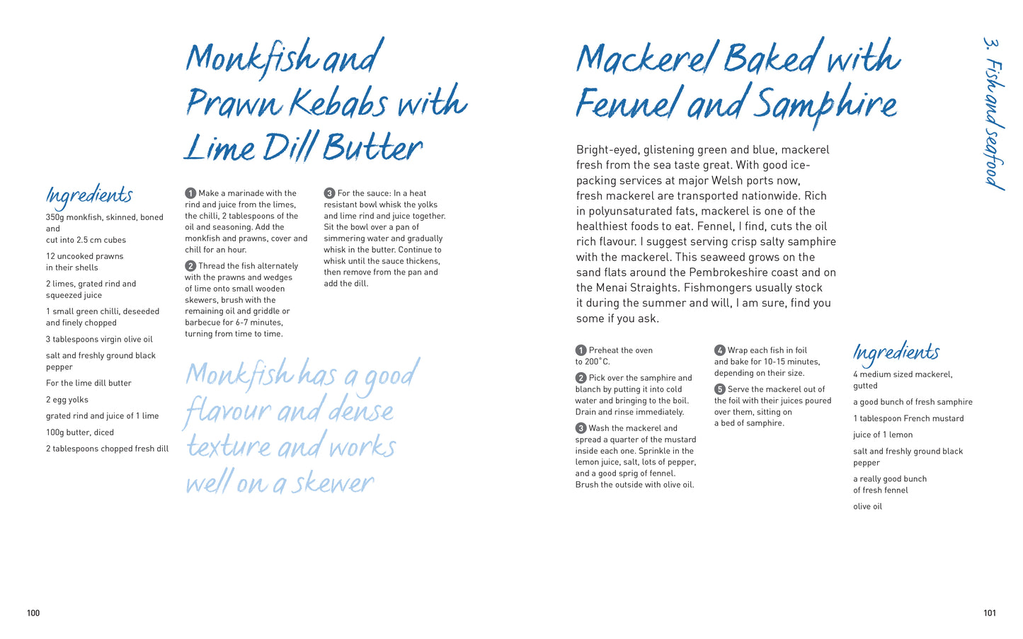 Flavours of Wales Collection Gilli Davies Huw Jones published by Graffeg monkfish and prawn kebabs with lime dill butter, mackerel baked with fennel and samphire