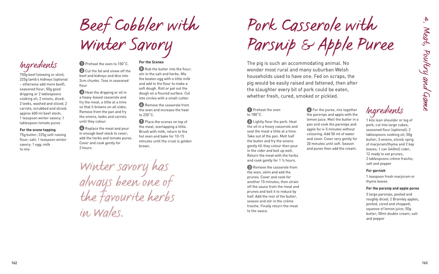 Flavours of Wales Collection Gilli Davies Huw Jones published by Graffeg beef cobbler with winter savory, pork casserole with parsnip and apple puree