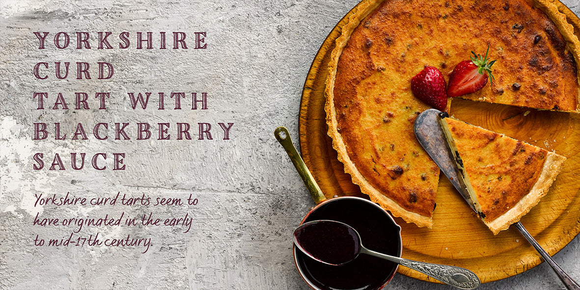 Flavours of England Puddings Gilli Davies Huw Jones published by Graffeg Yorkshire curd tart with blackberry sauce
