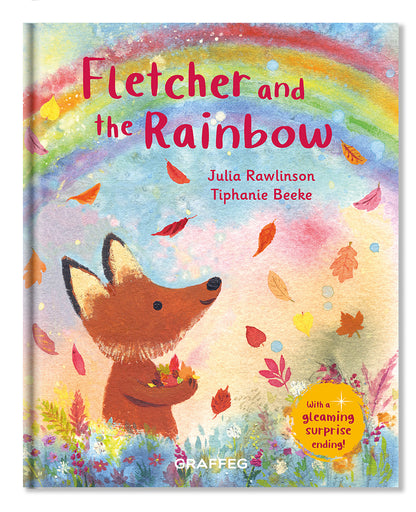 Cover of 'Fletcher and the Rainbow' by Julia Rawlinson and Tiphanie Beeke, featuring illustrations of a fox and falling leaves against a colourful rainbow.