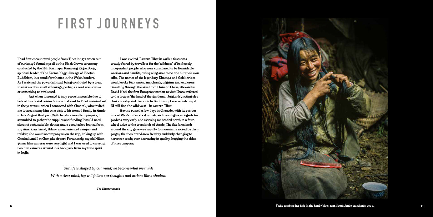 Book page with text on the left and a photograph of a person on the right, titled 'First Journeys'. From the book Portraits of Tibet - Diane Barker - Graffeg Books