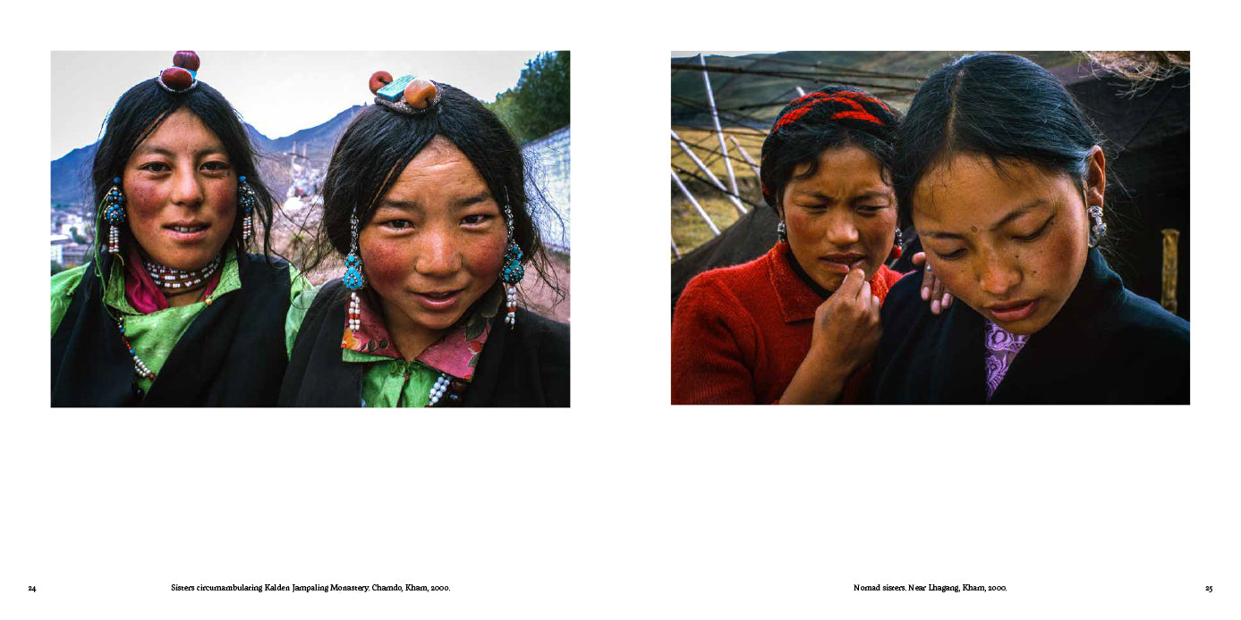 Two portraits of women with traditional headgear against a mountainous background.