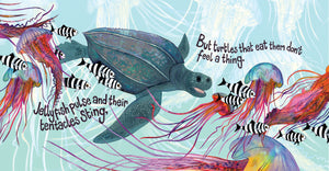 Into the Blue by Niola Davies, illustrated by Abbie Cameron published by Graffeg. Turtle, jellyfish