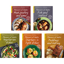 Load image into Gallery viewer, Flavours of Wales Pocket Book Series by Gilli Davies and Huw Jones published by Graffeg. Meat, Poultry and Game, Fish and Seafood, Vegetarian Dishes, Starters and Light Dishes, Puddings and Baking
