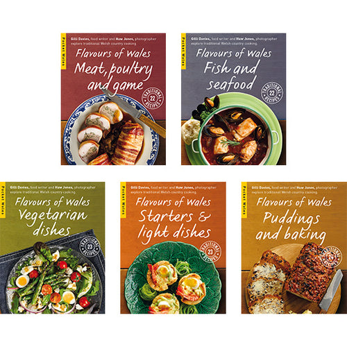 Flavours of Wales Pocket Book Series by Gilli Davies and Huw Jones published by Graffeg. Meat, Poultry and Game, Fish and Seafood, Vegetarian Dishes, Starters and Light Dishes, Puddings and Baking