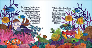 Into the Blue by Niola Davies, illustrated by Abbie Cameron published by Graffeg. Fish