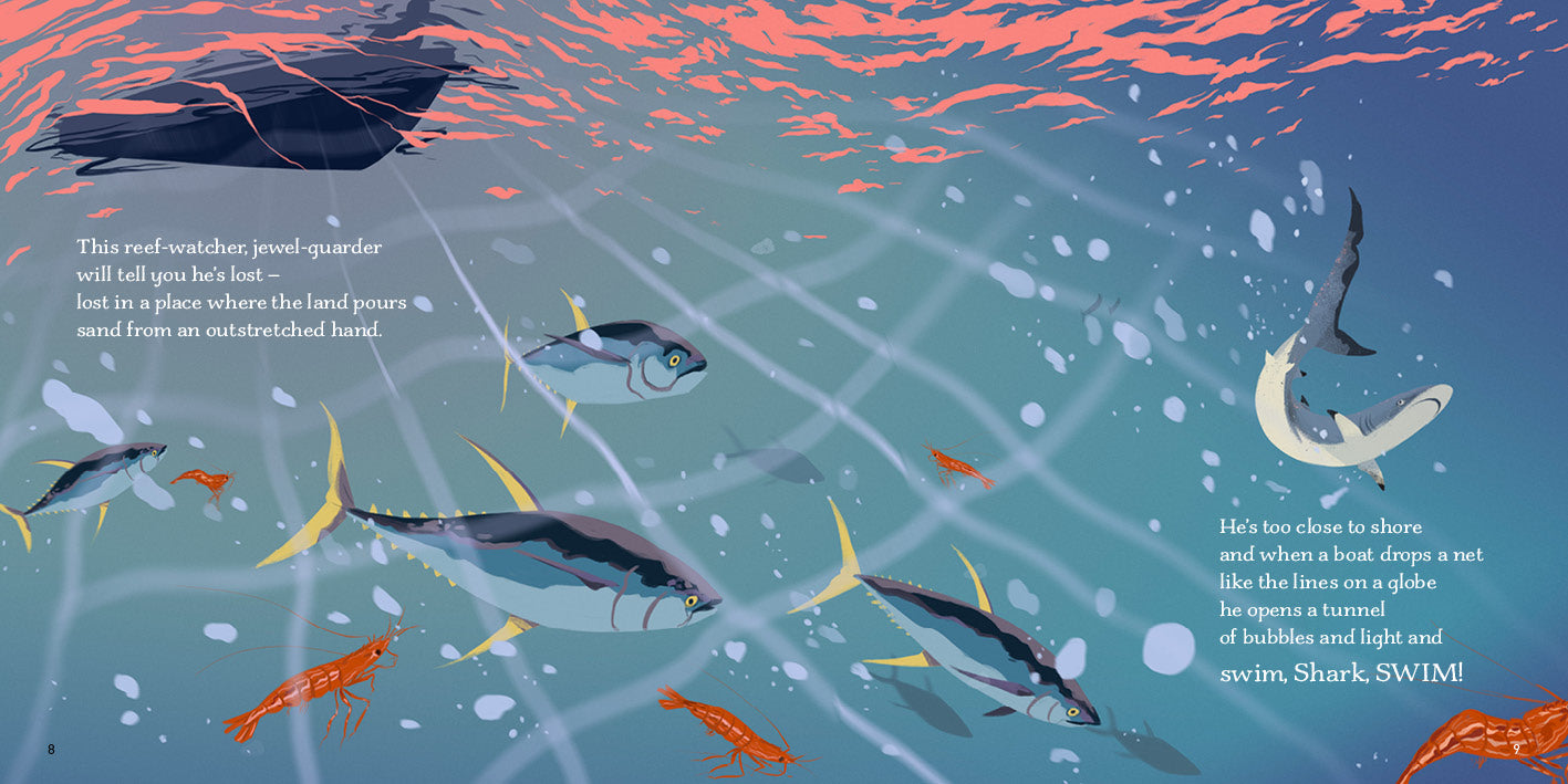 Swim Shark Swim by Dom Conlon and Anastasia Izlesou book page environmental poetic picture book