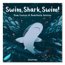 Load image into Gallery viewer, Swim Shark Swim by Dom Conlon and Anastasia Izlesou book cover environmental poetic picture book
